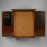 Wooden cabinet with two blackboards on a gray background