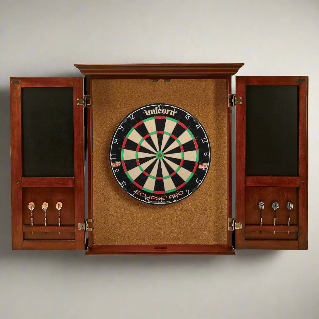 Wooden dartboard cabinet with a dartboard inside, on a plain background