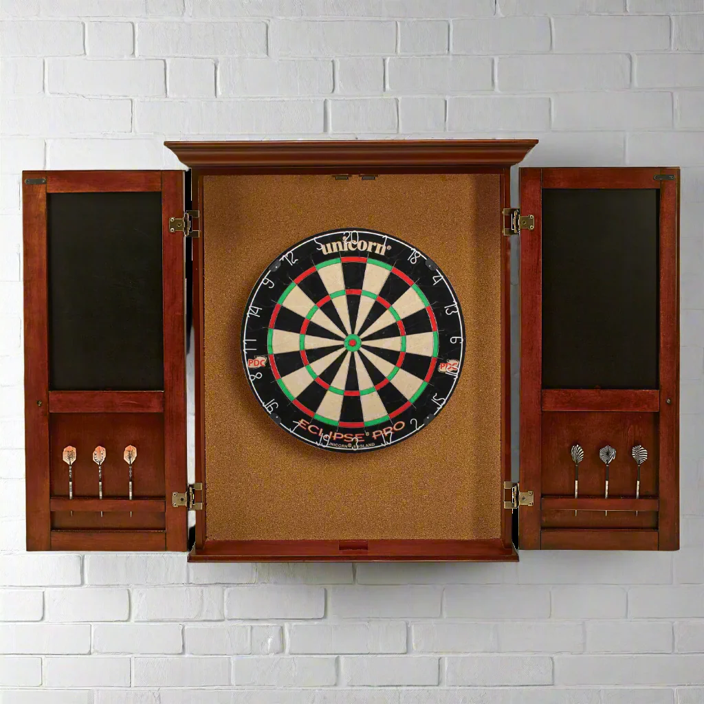 Dartboard with wooden cabinet on a white brick wall background