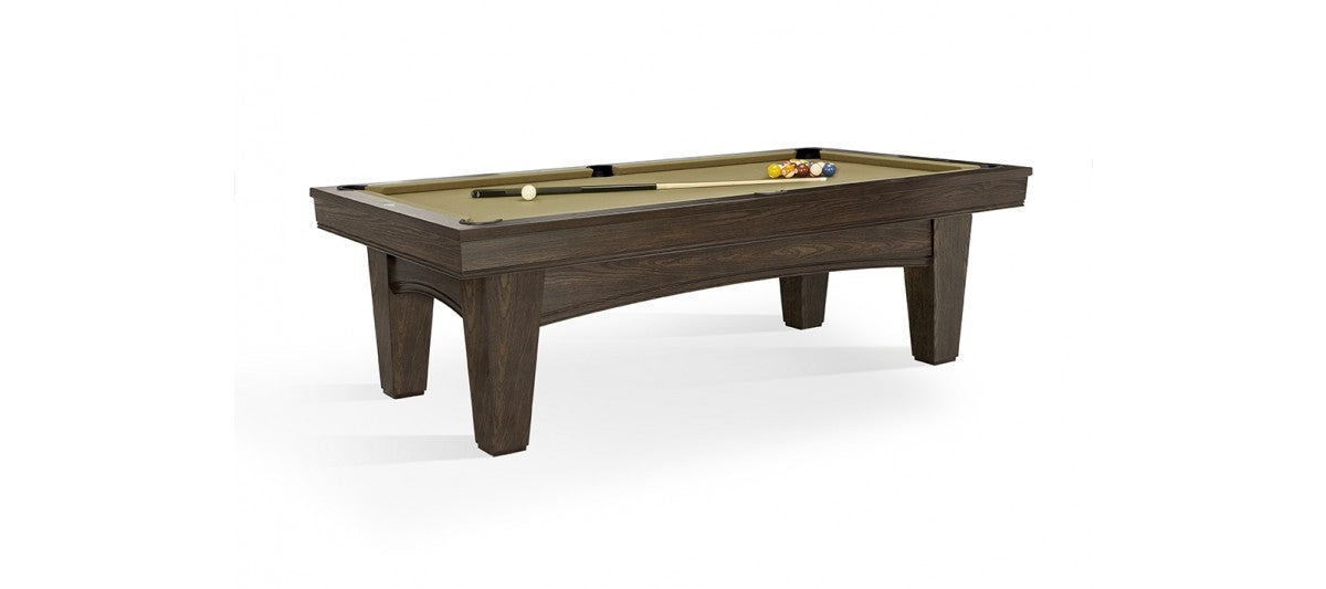 Brunswick Billiards Winfield 8' Pool Table with balls racked and cues on its slate surface.