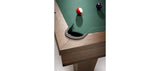 Corner pocket of a Brunswick Billiards Winfield 8' Pool Table with red-striped and purple balls.