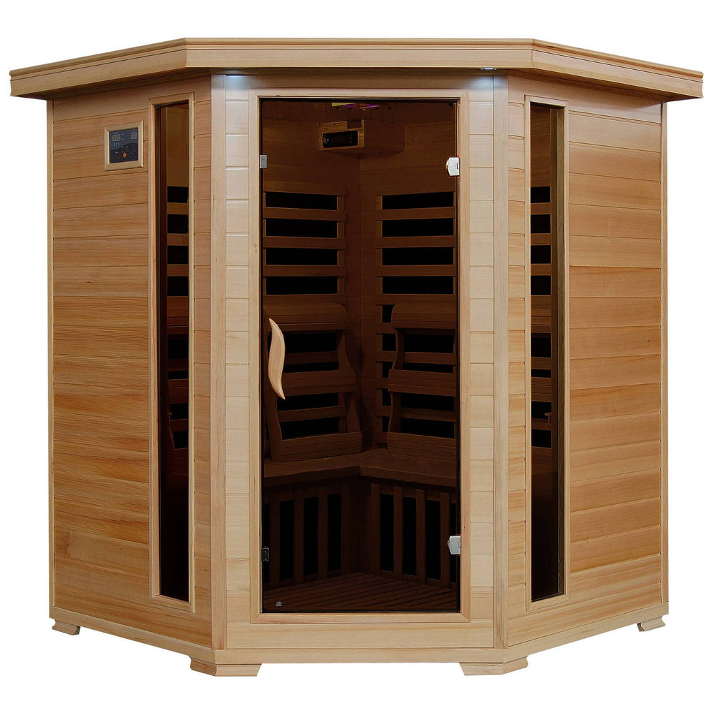 Blue Wave Tucson 4-Person Hemlock Corner Infrared Sauna w/ 10 Carbon Heaters