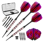 Set of darts with pink and purple flight design, including a case and additional components on a white background.