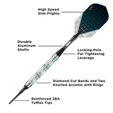 Diagram of a dart with labeled features on a white background