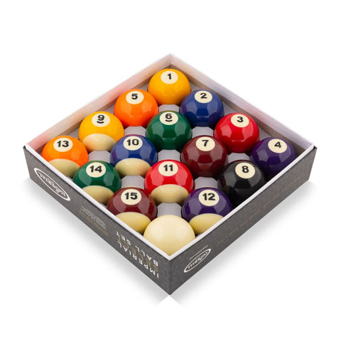 Imperial Select Billiard Ball Set by Imperial, boxed and arranged in a square, viewed from above.