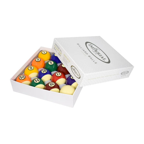 Open Acme Imperial Premier Billiard Ball Set box, balls arranged with lid partly covering corner.