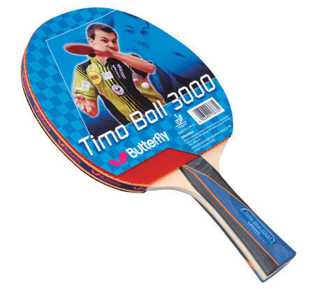 Butterfly Timo Boll 3000 Table Tennis Racket with Pan Asia rubber, player image on packaging.
