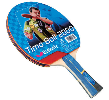 Butterfly Timo Boll 2000 Table Tennis Racket with Pan Asia rubber, blue/red, in packaging.
