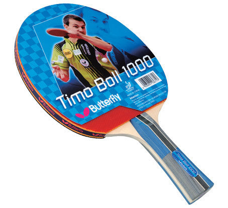 Butterfly Timo Boll 1000 Table Tennis Racket features Pan Asia rubber and player image packaging.