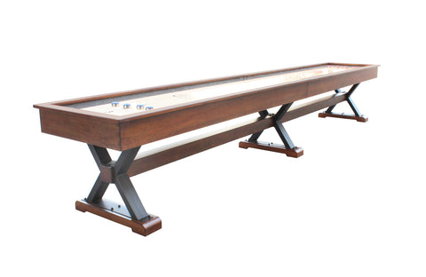 Playcraft 14' Santa Fe Shuffleboard Table in Cocoa Bean with rustic metal cross legs.