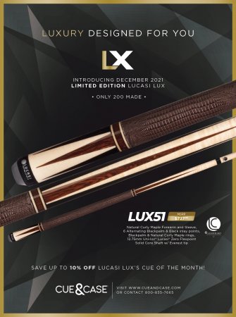 Lucasi Lux® LUX51 pool cue with low deflection shaft and dark/light wood finish displayed.