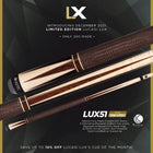 Lucasi Lux® LUX51 pool cue with low deflection shaft and dark/light wood finish displayed.