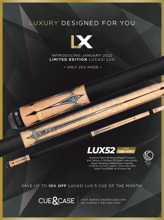 Two Lucasi Lux® LUX52 Pool Cues with Tiger Everest tips displayed on a dark, sleek background.