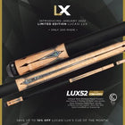 Two Lucasi Lux® LUX52 Pool Cues with Tiger Everest tips displayed on a dark, sleek background.