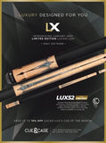 Two Lucasi Lux® LUX52 Pool Cues with Tiger Everest tips displayed on a dark, sleek background.