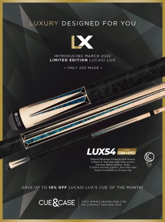 Two Lucasi Lux® LUX54 black/white cues with gold accents, leather wraps, on dark background.