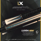 Two Lucasi Lux® LUX54 black/white cues with gold accents, leather wraps, on dark background.