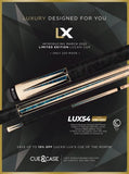 Two Lucasi Lux® LUX54 black/white cues with gold accents, leather wraps, on dark background.