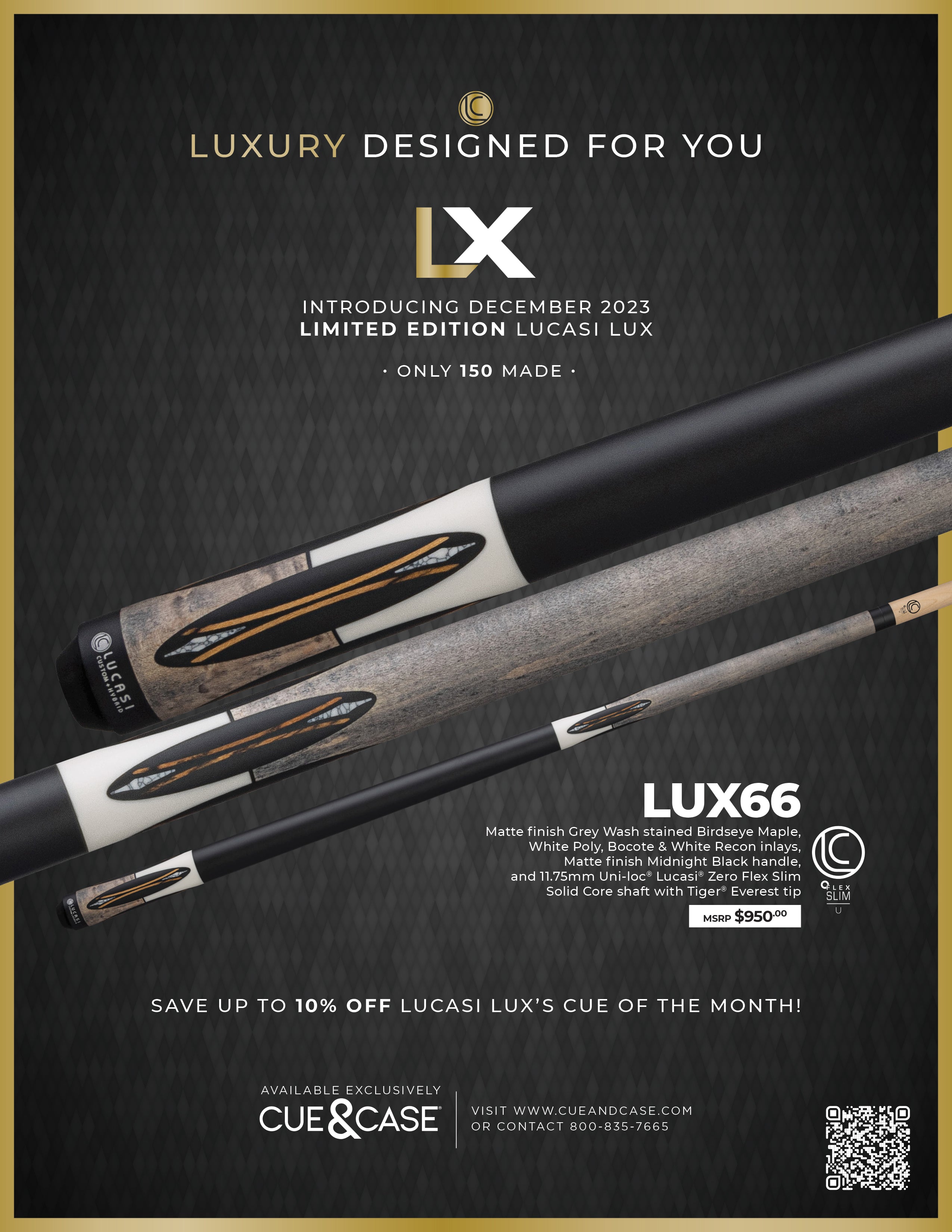 Lucasi Lux® LUX66 Pool Cue: limited edition with matte finish and Birdseye Maple accents.