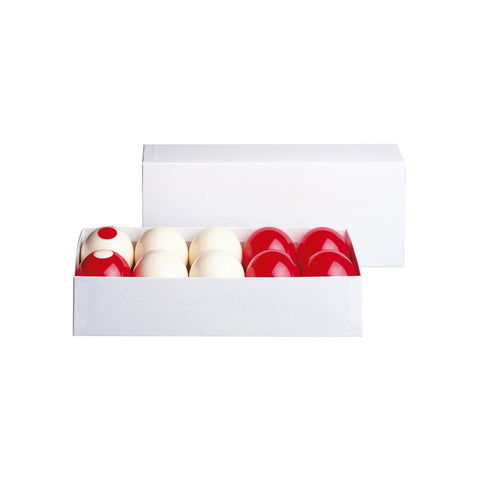 A white box holds an Imperial Economy 2 1/8-in. Bumper Pool Ball Set with red, white & egg.