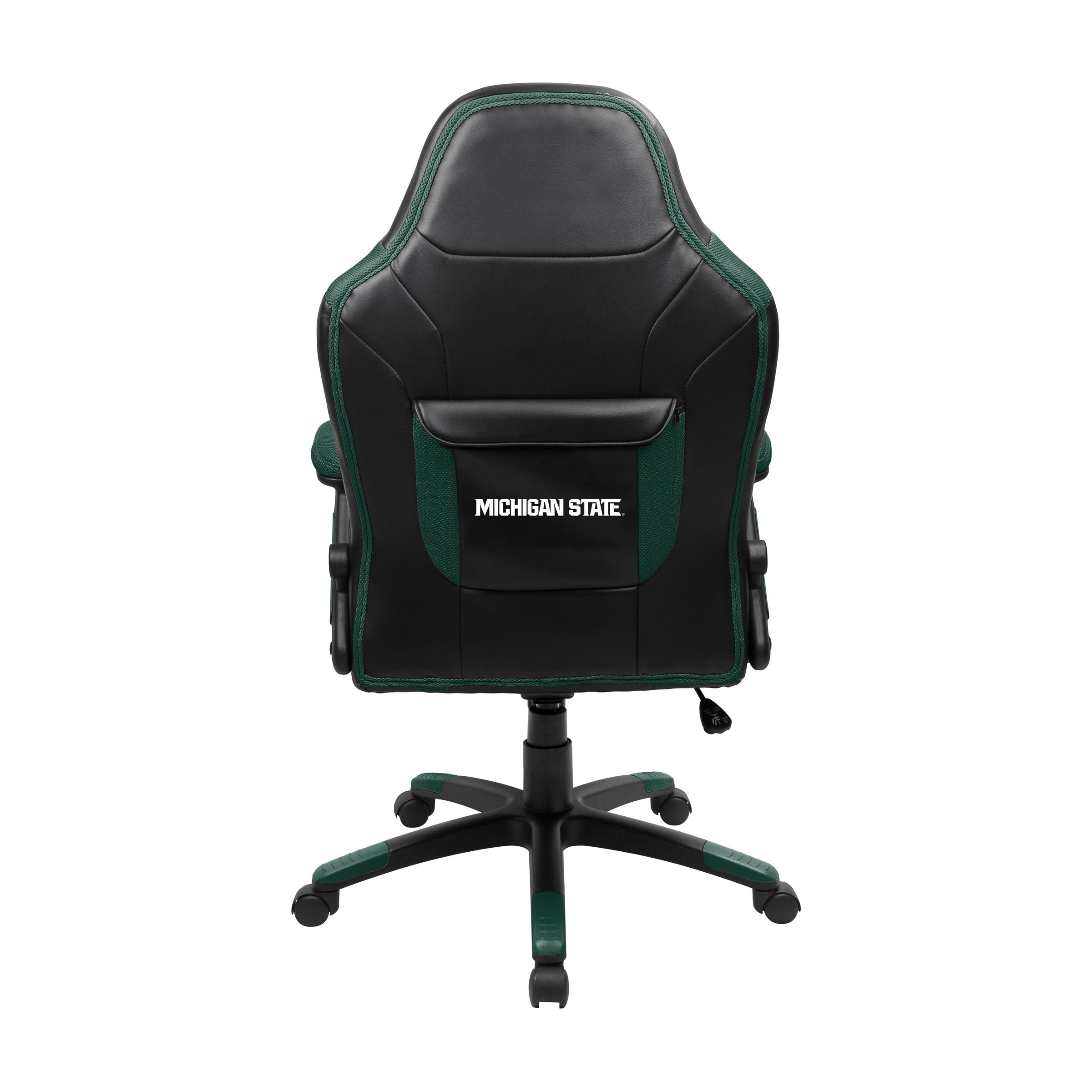 Acme Imperial Michigan State Oversized Chair, black/green with text on backrest, rear view.