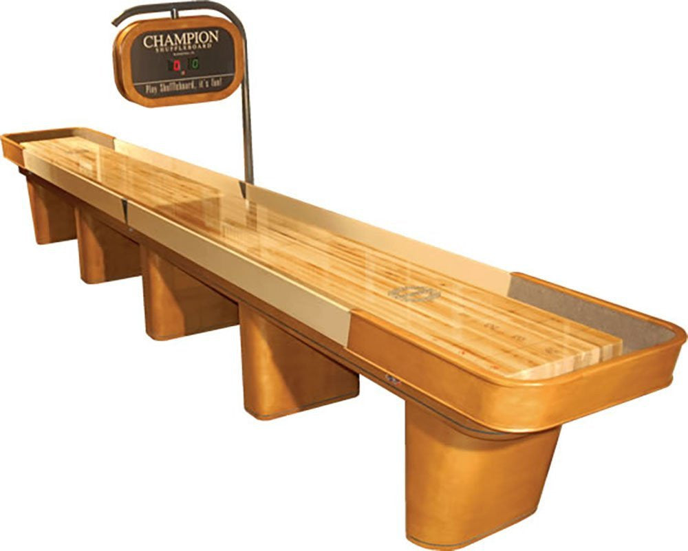 Champion Capri 9' Shuffleboard Table—modern game room style with electronic scoreboard.