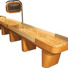 Champion Capri 9' Shuffleboard Table—modern game room style with electronic scoreboard.