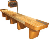 Champion Capri 9' Shuffleboard Table—modern game room style with electronic scoreboard.