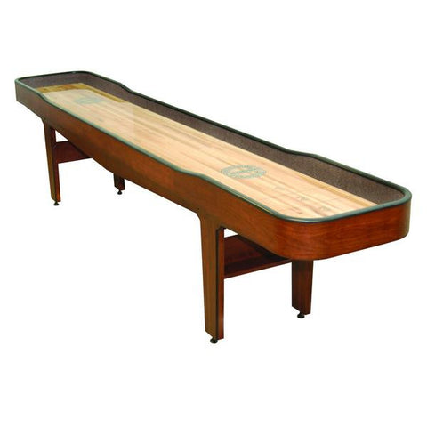 Champion Gentry 12' Shuffleboard Table by Champion with green trim, scoring lines, maple veneer.