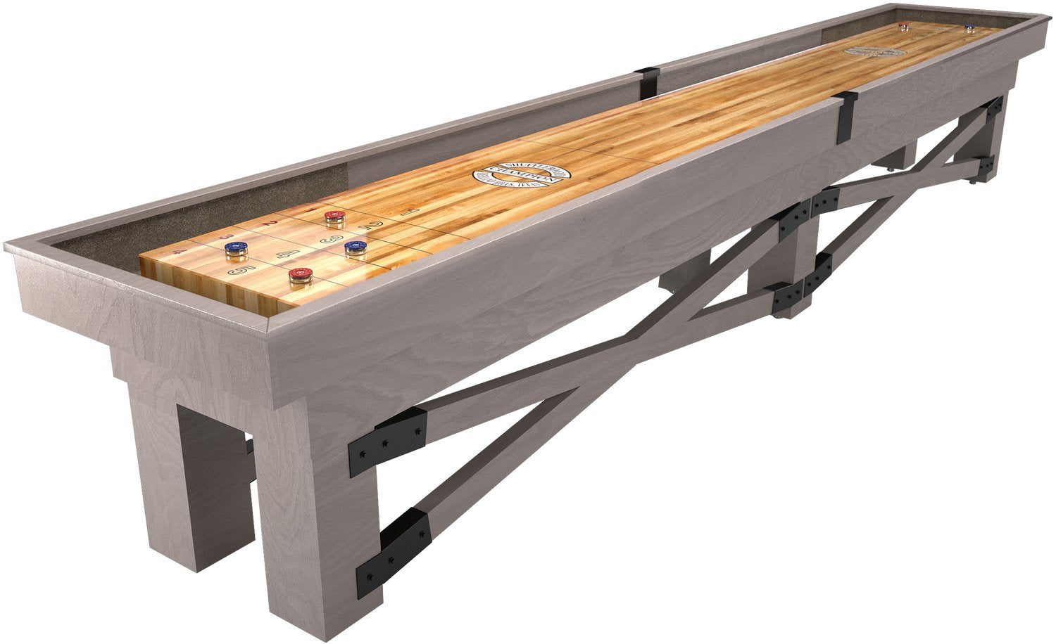 The Champion Rustic 9' Shuffleboard Table features pucks on a Canadian Maple playfield.
