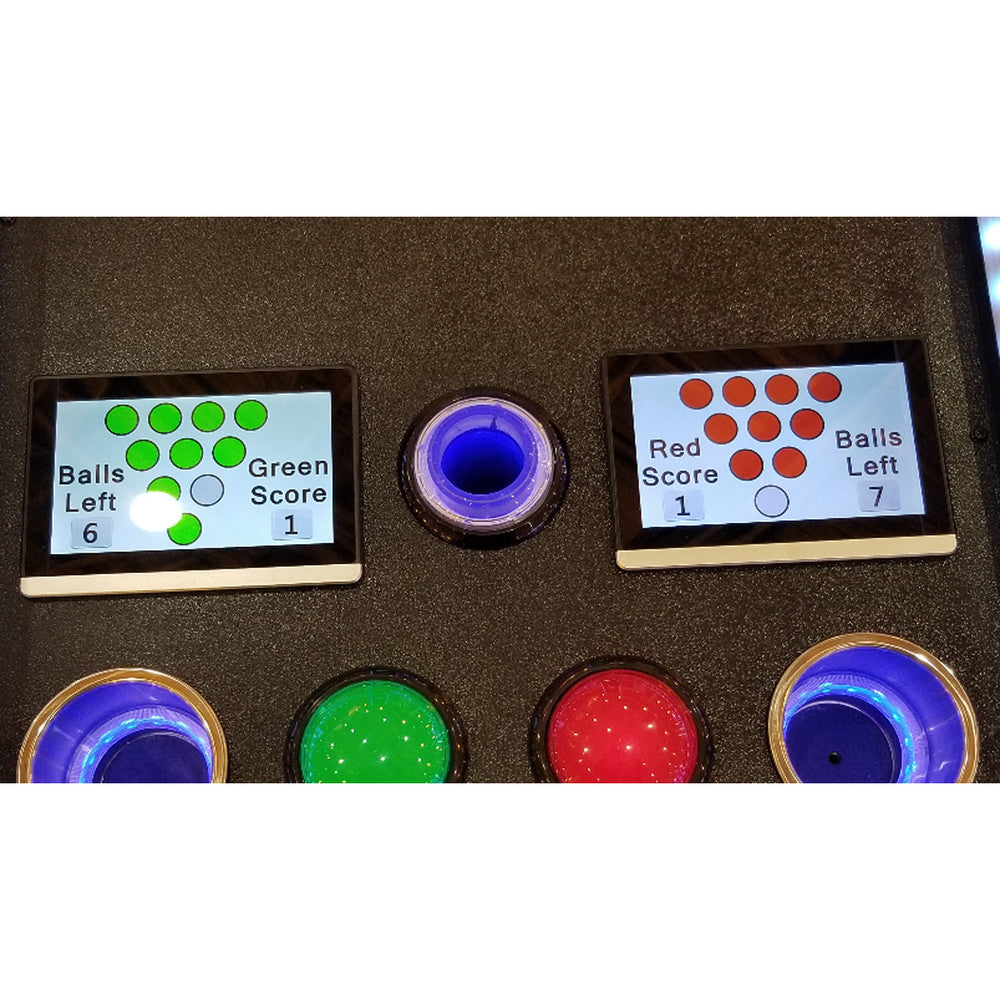 Close-up of the Valley Jet-Pong scoreboard with buttons and digital displays.