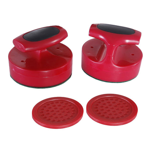 Two red Carmelli 4" striker and puck sets for air hockey with grips and matching pads.