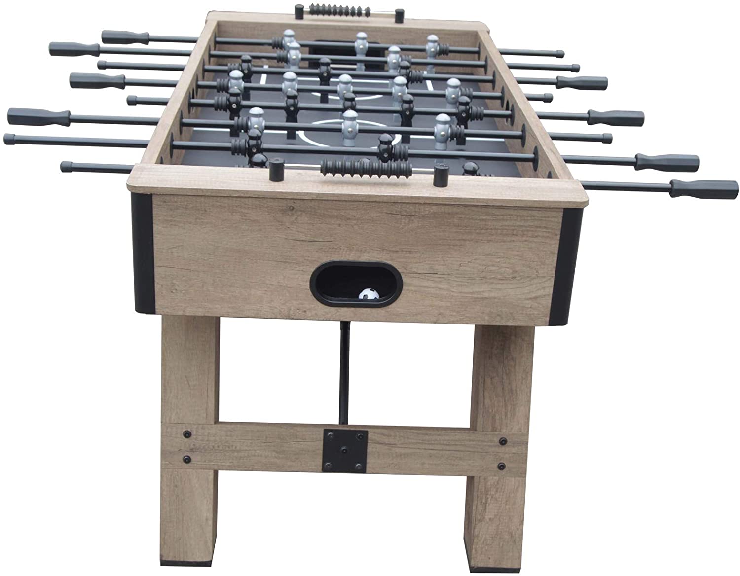 Hathaway Braxton 55'' foosball table in barnwood finish with black handles and rods, end view.