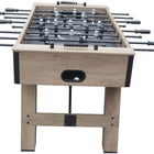 Hathaway Braxton 55'' foosball table in barnwood finish with black handles and rods, end view.