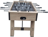 Hathaway Braxton 55'' foosball table in barnwood finish with black handles and rods, end view.