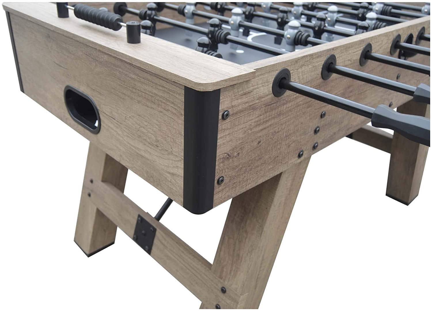 Close-up of the Hathaway Braxton 55'' Foosball Table with black handles and Barnwood finish.