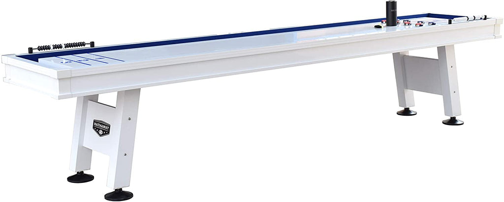 Carmelli Crestline 12' Outdoor Shuffleboard Table with black legs, scoreboards, and game pieces.