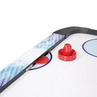 Red striker and puck on Hathaway 5' Face-Off Air Hockey Table with electronic scoring near goal slot.