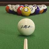 Imperial Khalil Mack Players Signature Cue Ball racked on green table, cue stick aimed.