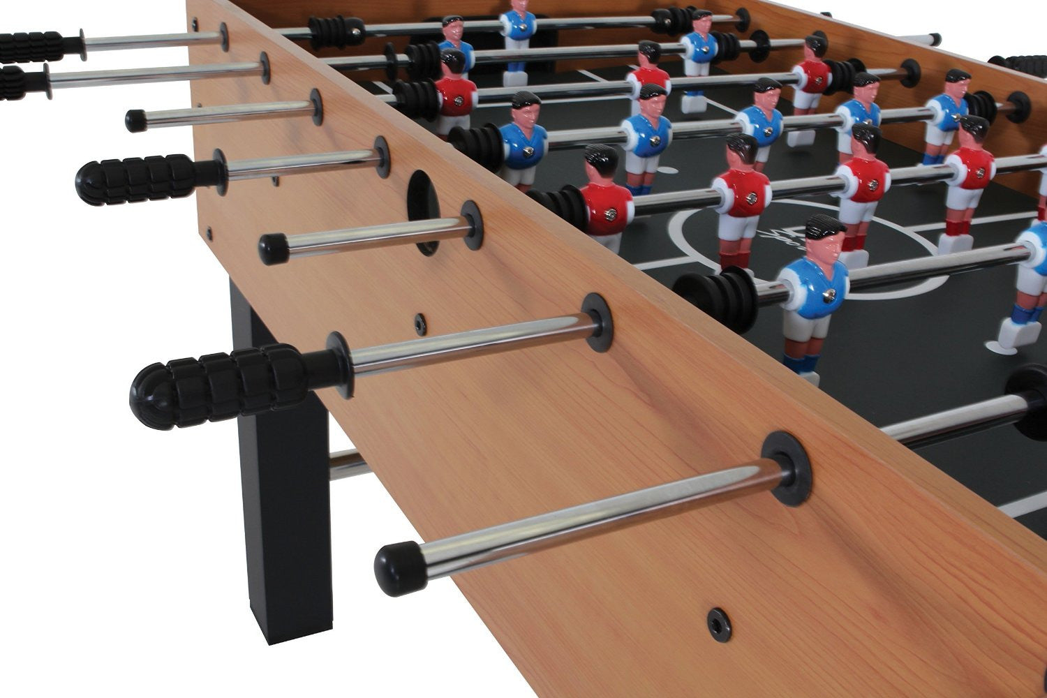 Close-up of a DMI Sports American Legend Charger 52" foosball table with red and blue players.