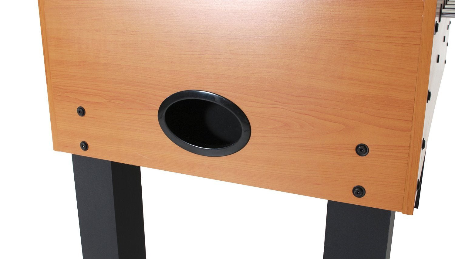 Close-up of DMI Sports' American Legend Charger 52" foosball table's ball return slot and legs.