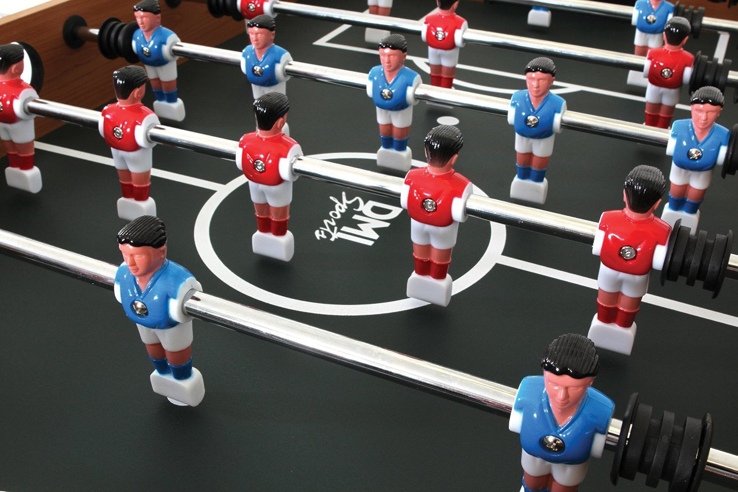 Close-up of a DMI Sports American Legend Charger 52" foosball table with red and blue figures.