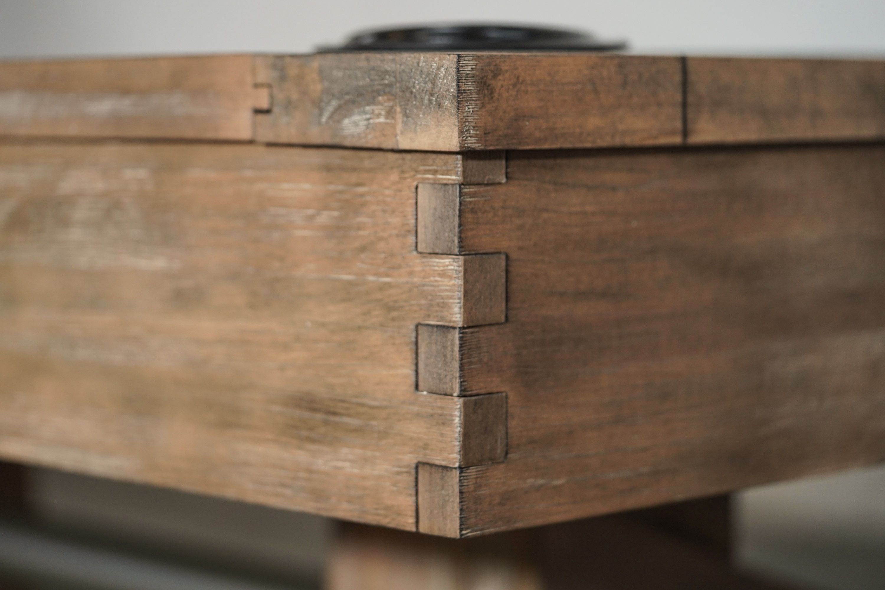 Close-up of Nixon Georgia 7' Slate Pool Table corner in weathered natural by Nixon Billiards.