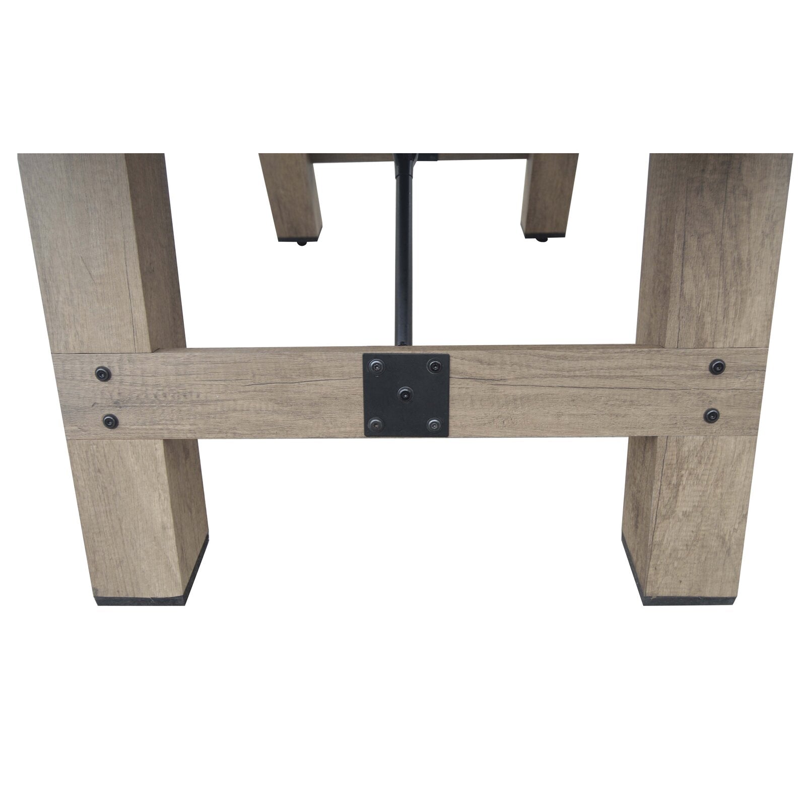 Close-up of Hathaway Braxton 55'' Foosball Table base with metal brackets and Barnwood finish.