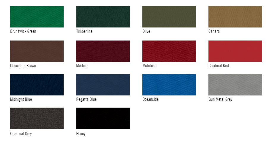 Twelve fabric swatches for Brunswick Billiards OAKLAND II 8' Pool Table in assorted colors.