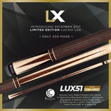 Two Lucasi Lux® LUX51 pool cues with low deflection shafts shown on a dark background.