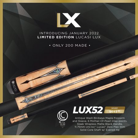 Close-up of Lucasi Lux® LUX52 cue, limited edition—only 200 made, with Tiger Everest tip.