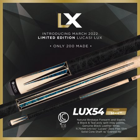 Two Lucasi Lux LUX54 cues with low deflection shafts, blue inlays, and leather wraps.
