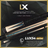 Two Lucasi Lux LUX54 cues with low deflection shafts, blue inlays, and leather wraps.