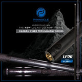 Lucasi Pinnacle LP20 Carbon Fiber Composite Cue, displayed before mountain peaks.